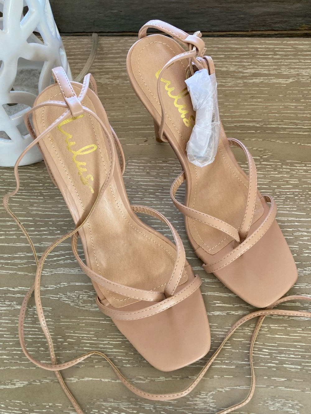 NWOB Lulus Simonee Light Nude Lace-Up High Heel Sandals - Picture 6 of 9